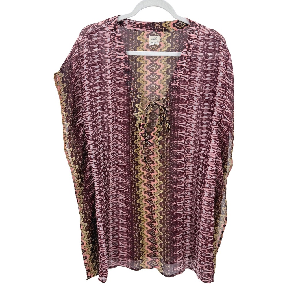 ONeill Womens Pink Purple Ikat Tribal Print Sheer‎ Tie Front Swim Cover Up M
